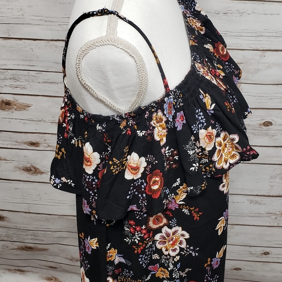 Pink Rose Asymmetrical Black Floral Dress Sz Small - Picture 3 of 8